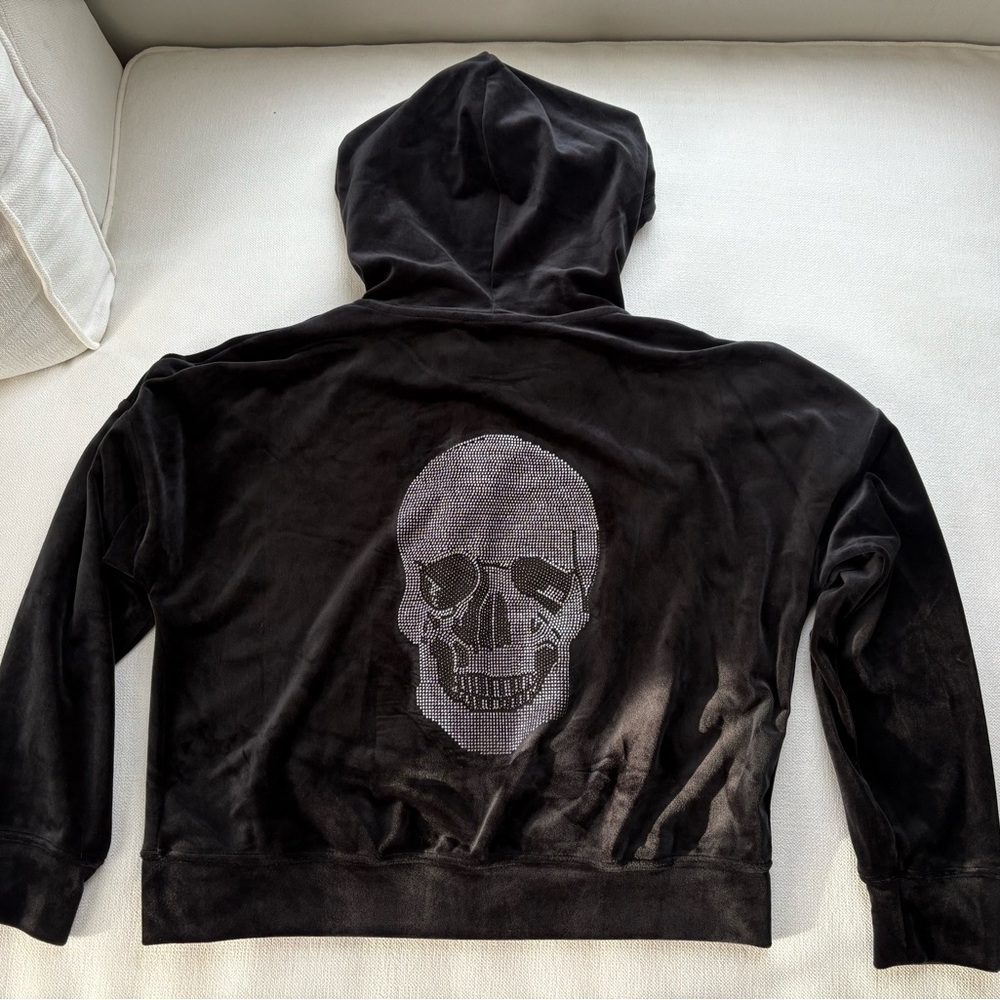 Plush Velour Black Hoodie with Rhinestone Skull